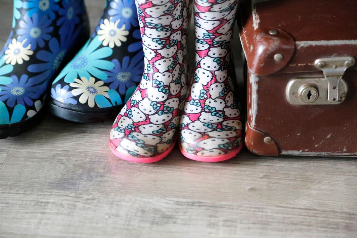 A home entryway with a mat, boots and a coat rack by the front door